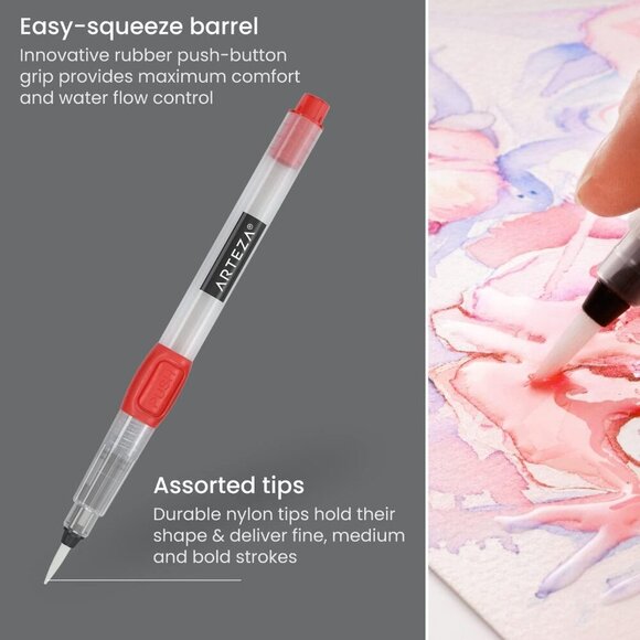 Water Brush Pens, Set of 6, with Assorted Soft Nylon Bristle Tip Sizes, Self-Moi - Picture 4 of 8